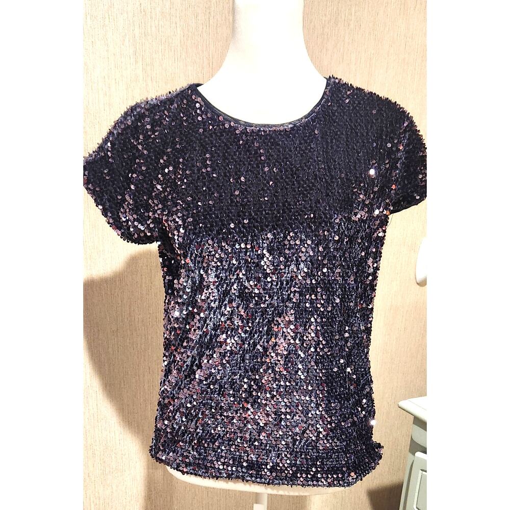 Jennifer Lopez‎ Womens Eggplant Purple Sequin Blouse SZ XS Stretchy Cap Sleeve